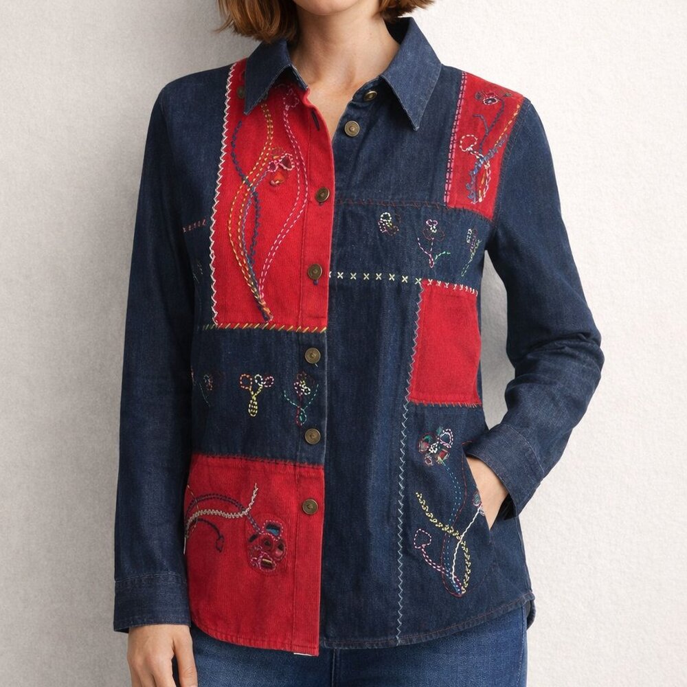 Patchwork Embroidered Denim Shirt Boho Folk Art Button Up Artsy Top Sz S Petite - Picture 1 of 15